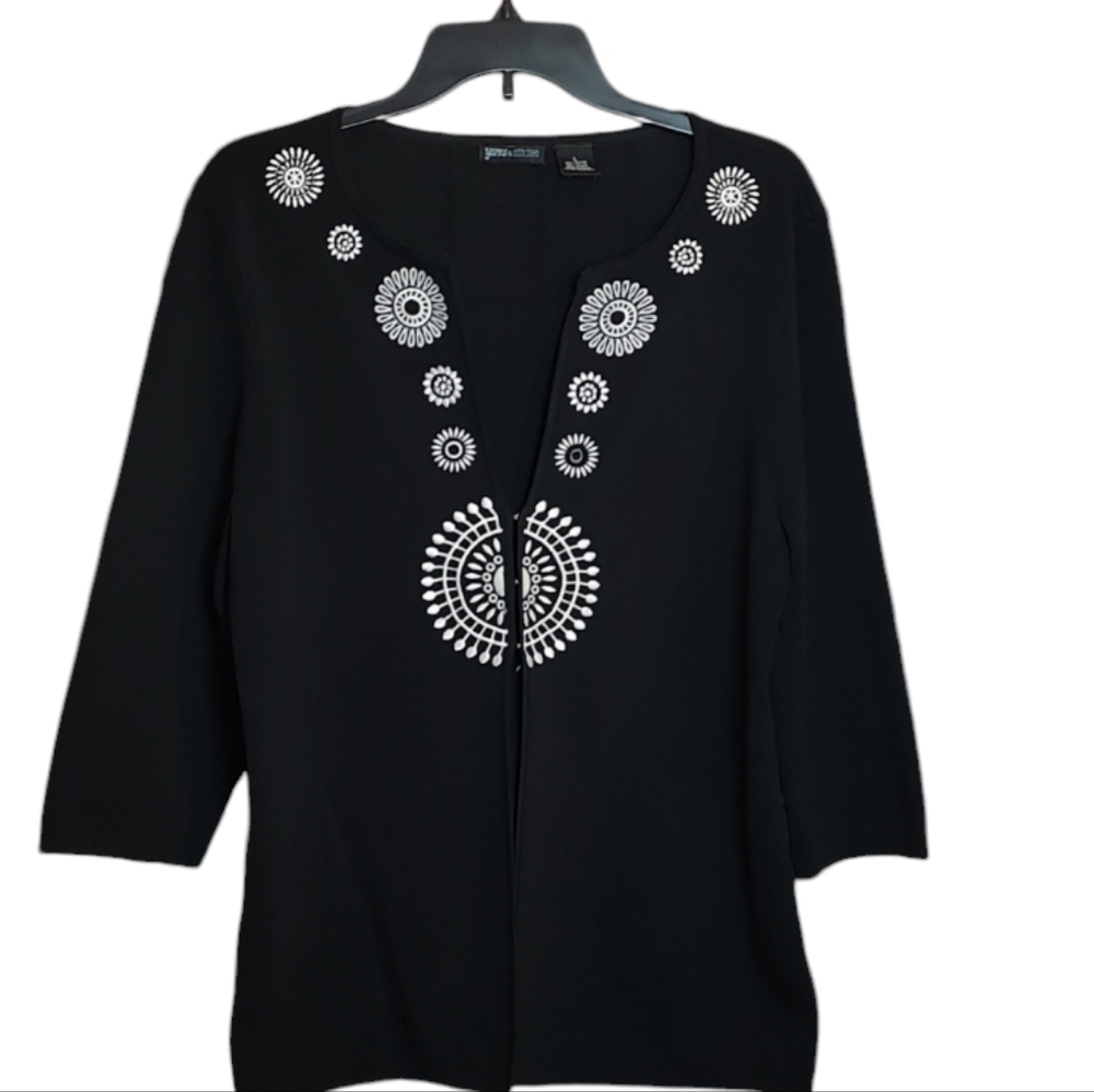 Black Cardigan w/ White Embroidered Spheres Design 3/4 Sleeves sz Large